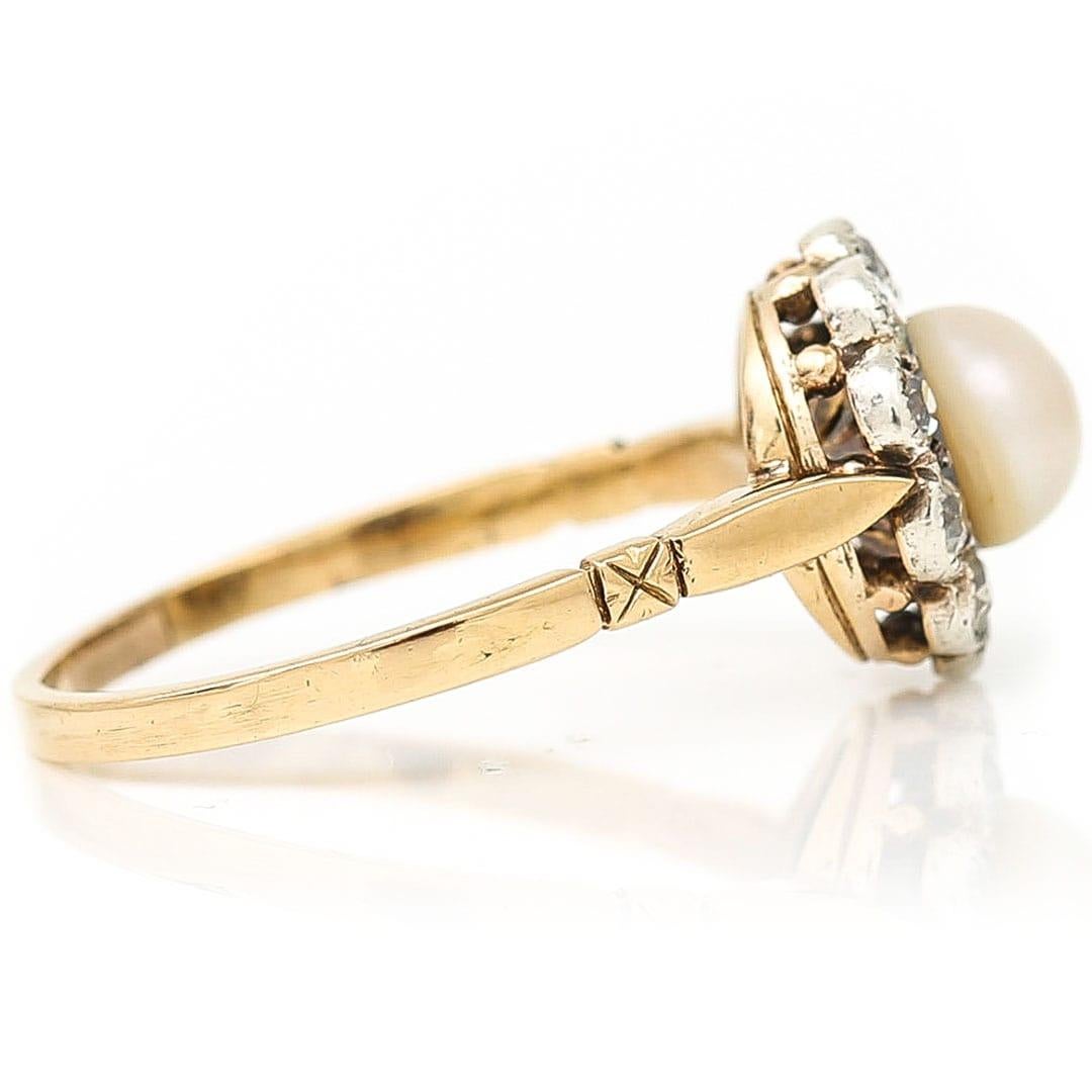 Edwardian 18ct Gold Pearl and Old Cut Diamond Cluster Ring Circa 1900 For Sale 1