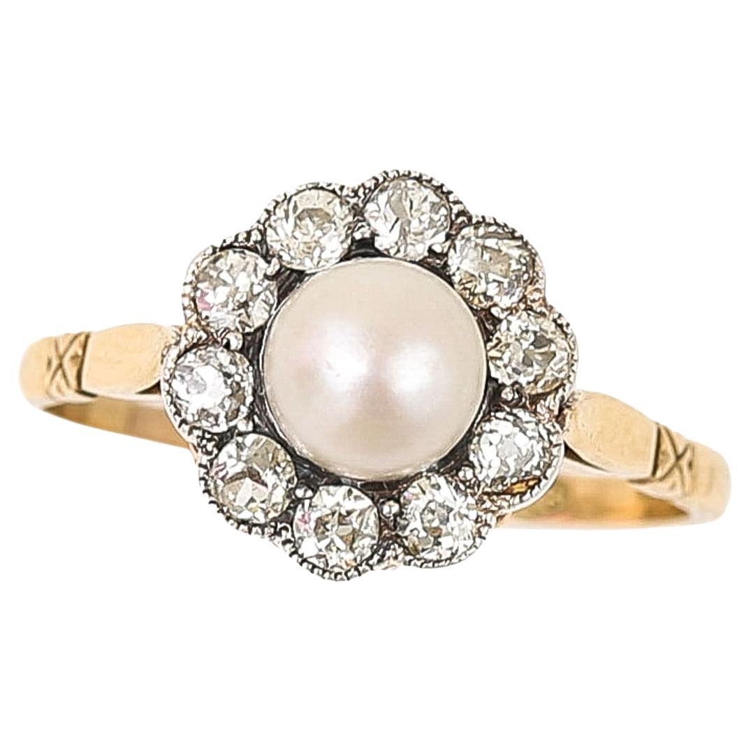 Edwardian 18ct Gold Pearl and Old Cut Diamond Cluster Ring Circa 1900 For Sale