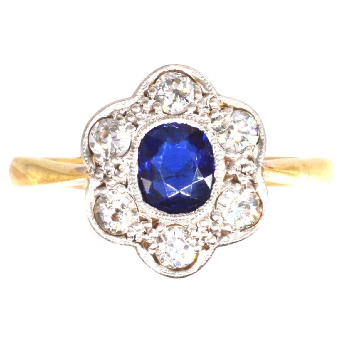 Edwardian 18ct Gold & Platinum, Sapphire and Diamond Cluster ring For Sale