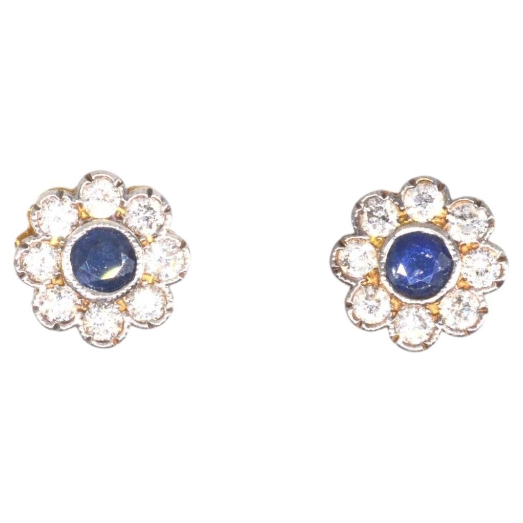 Edwardian 18ct Gold & Platinum Sapphire & Diamond Cluster Earrings For Sale