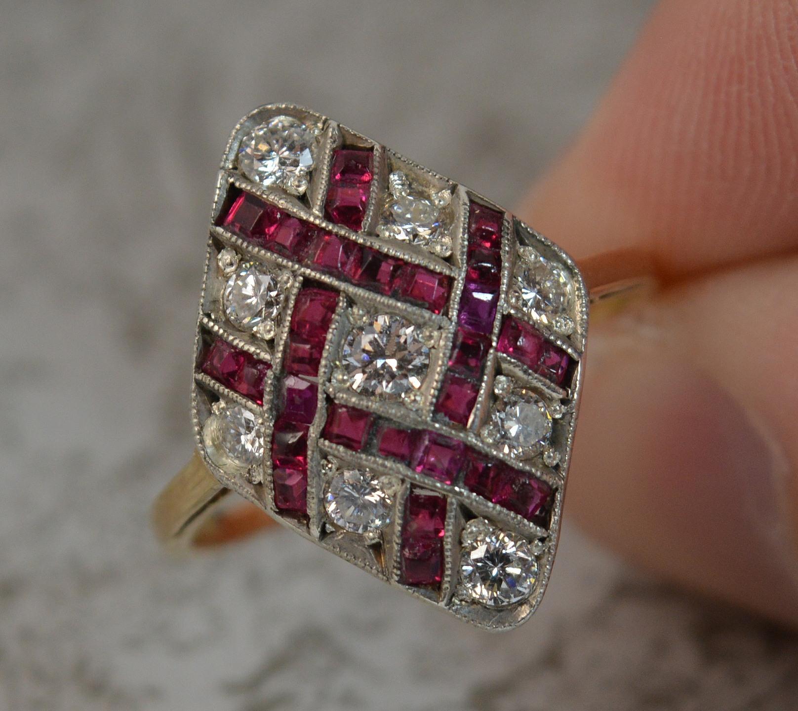 Art Deco Edwardian 18 Carat Gold Ruby and Diamond Navette Cluster Ring d0294