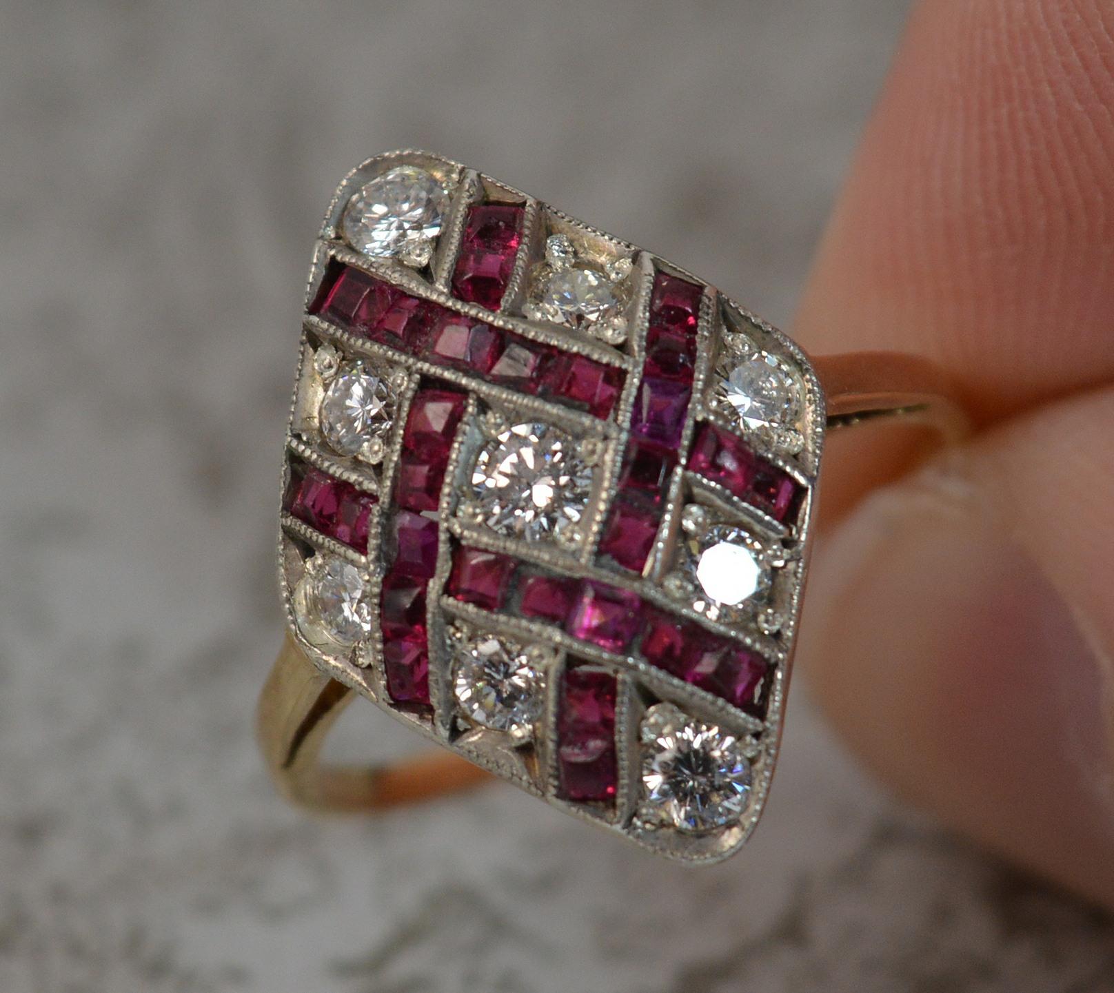 Round Cut Edwardian 18 Carat Gold Ruby and Diamond Navette Cluster Ring d0294