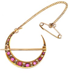 Edwardian 18ct Gold Ruby & Diamond Crescent Moon Brooch