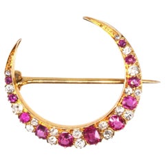 Edwardian 18ct Gold Ruby & Diamond Crescent Moon Brooch