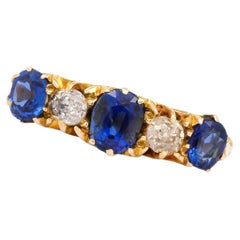 Antique Edwardian 18ct Gold Sapphire and Diamond Five Stone Ring, Circa 1909