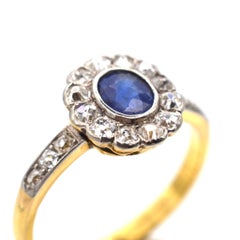 Edwardian 18ct Gold, Sapphire & Diamond Cluster Ring with Diamond Shoulders