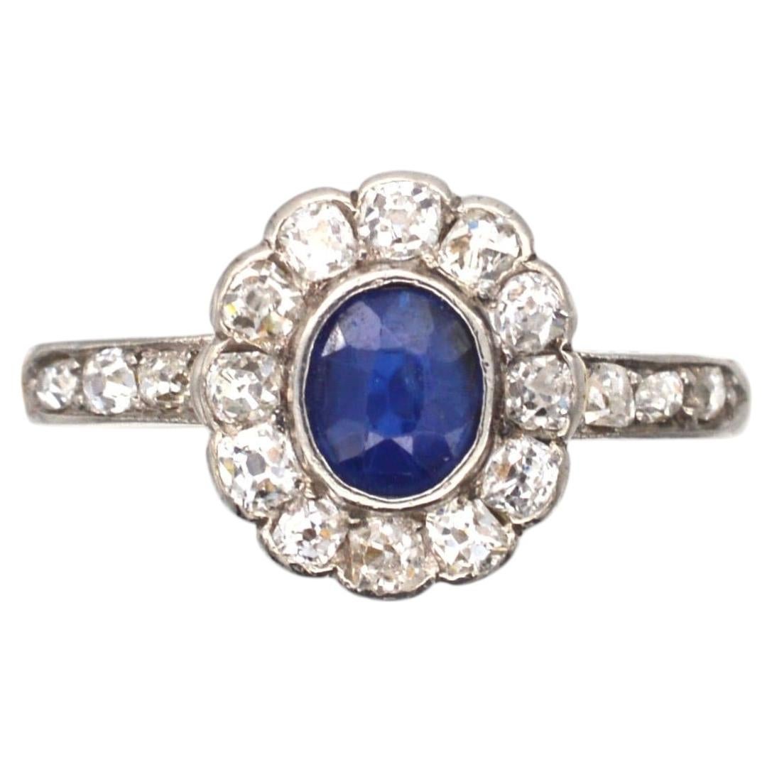 Edwardian 18ct Gold, Sapphire & Diamond Cluster Ring with Diamond Shoulders