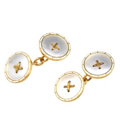 Edwardian 18ct Gold, White Enamel & Mother of Pearl Round Button Cufflinks