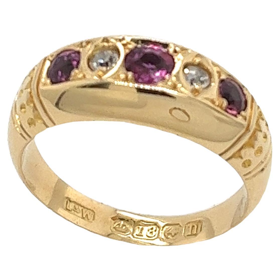 Edwardian 18ct Yellow Gold Diamond & Ruby 5 Stone Ring For Sale