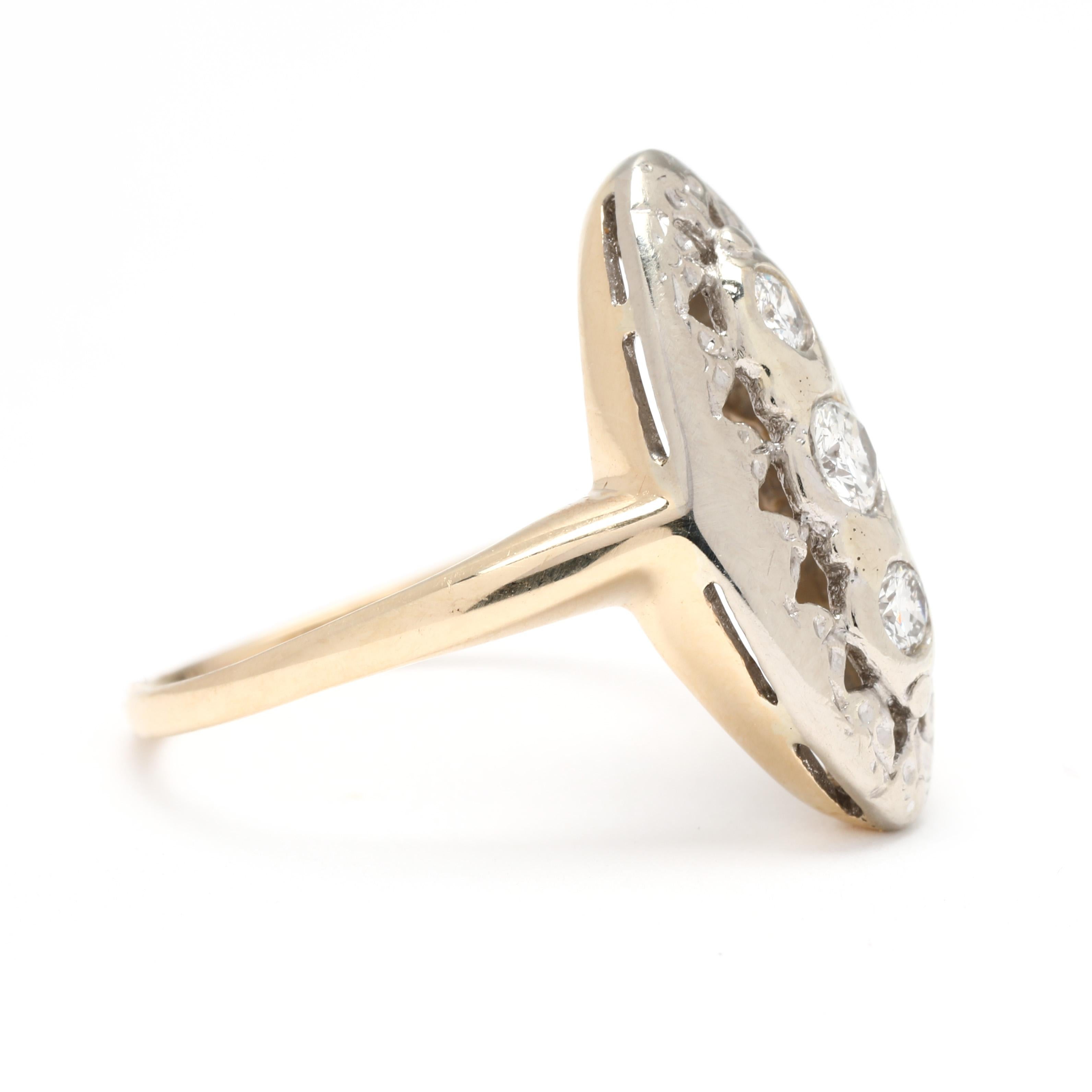 Stones:
diamonds, 3 stones
round brilliant cut
2.25 - 3 mm
approximately .18 total carats
G-H color, SI2-I1 clarity

Ring Size 4

Length: 17.3 mm

Weight: 1.5 dwts. / 2.4 grams

Stamps: 