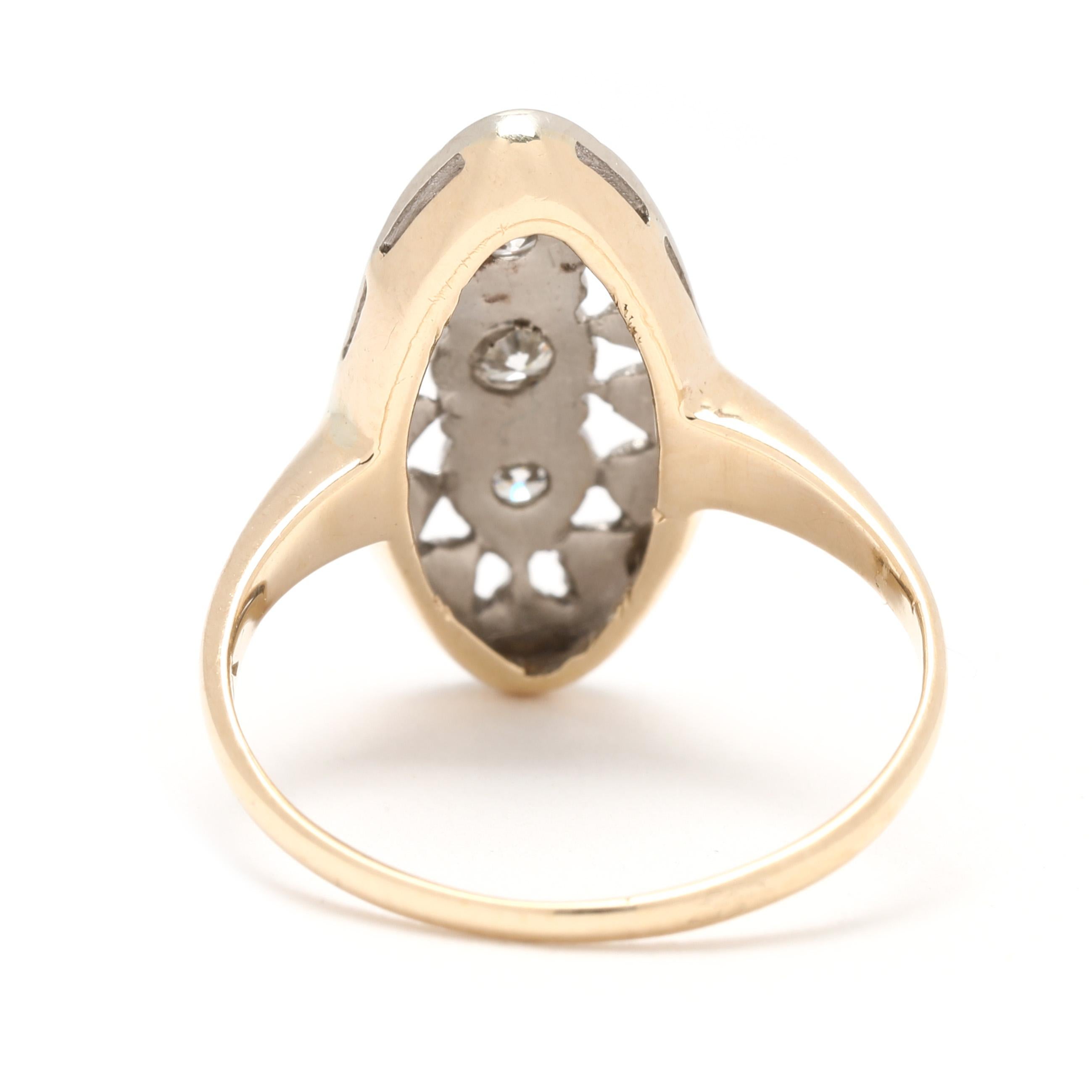 Round Cut Edwardian .18ctw Diamond Navette Ring, 14k Yellow and White Gold, Ring Size 4 For Sale
