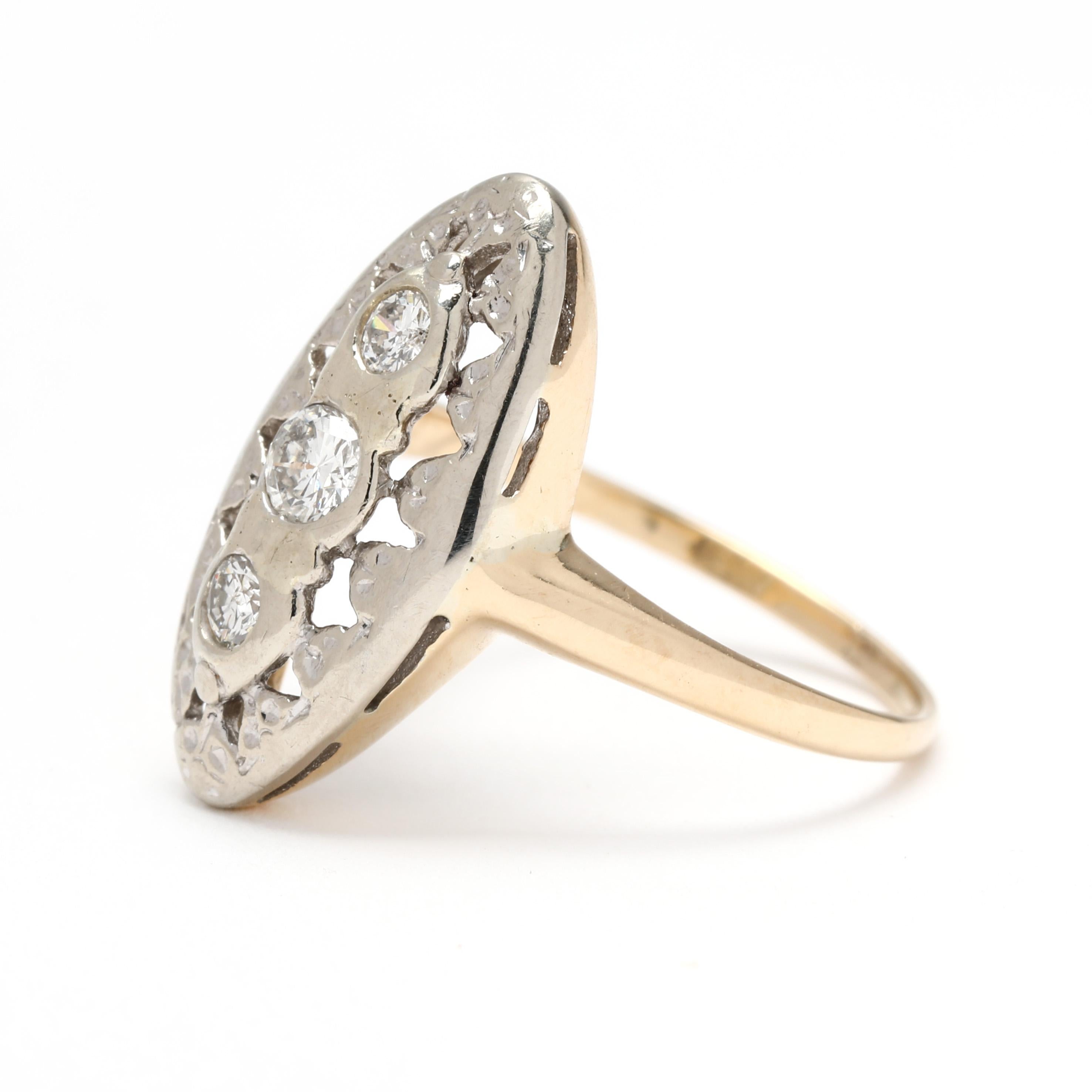 Edwardian .18ctw Diamond Navette Ring, 14k Yellow and White Gold, Ring Size 4 In Good Condition For Sale In McLeansville, NC