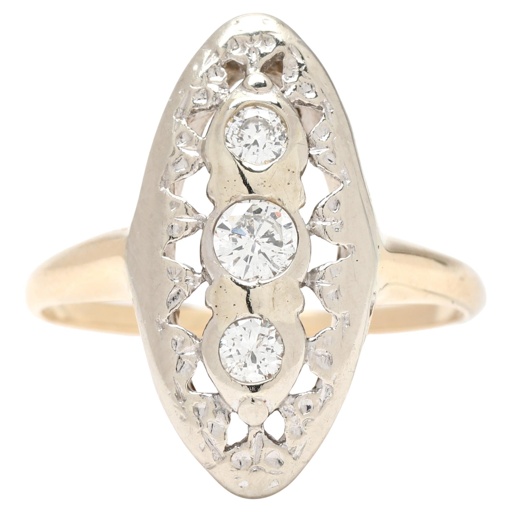 Bague Edwardienne .18ctw Diamond Navette, 14k Yellow and White Gold, Taille de bague 4