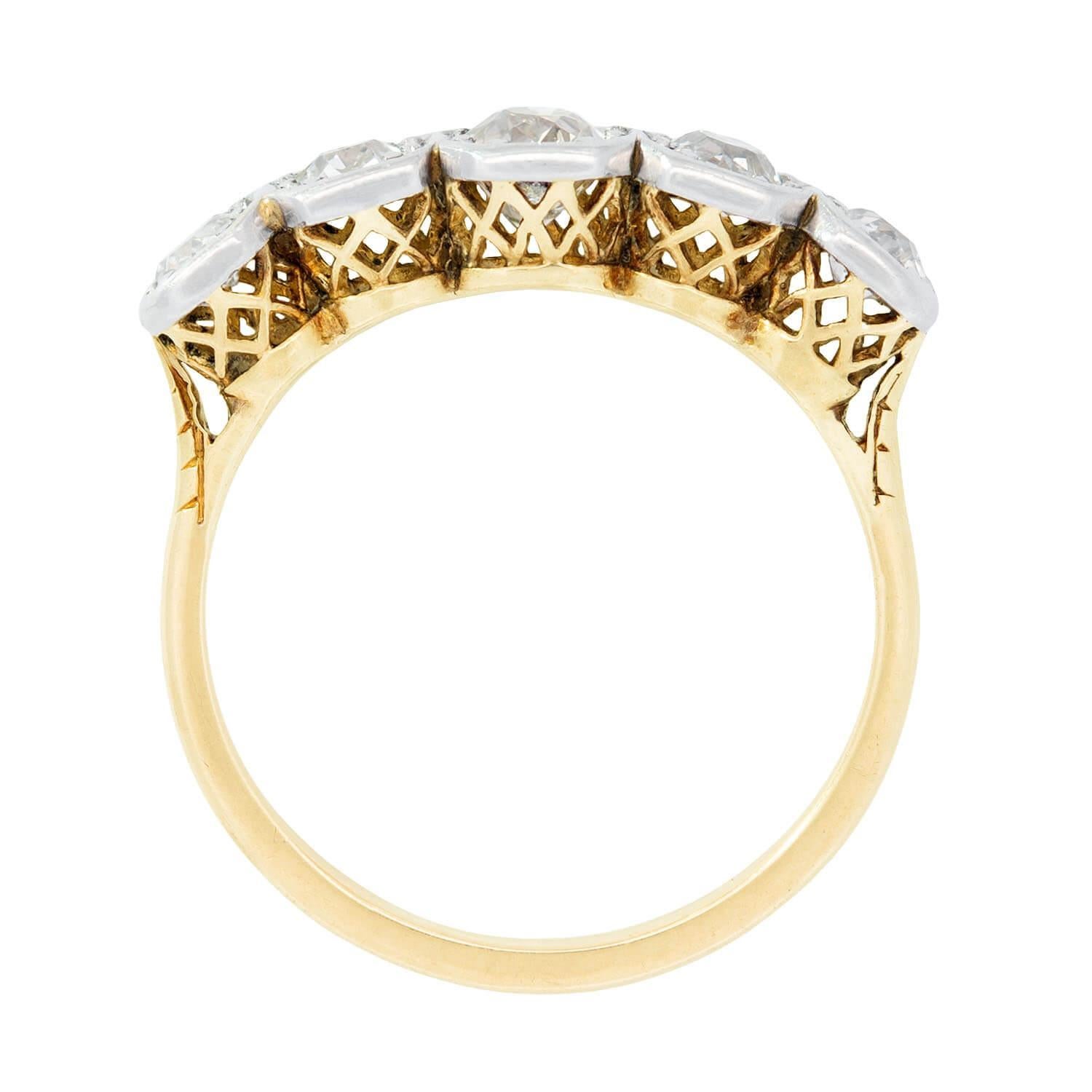 Edwardian 18k and Platinum 5 Stone Engagement Ring Talla antigua en venta