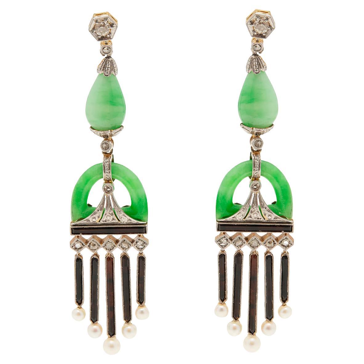 Edwardian 18k Dangling Jade Earrings with Diamonds, Onyx, + Pearls