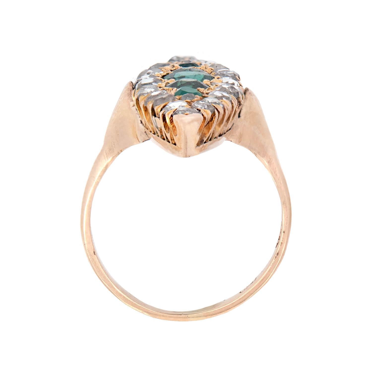 Edwardian 18k Diamond and Emerald Navette Ring In Good Condition For Sale In Narberth, PA