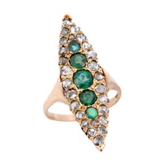 Edwardian 18k Diamond and Emerald Navette Ring