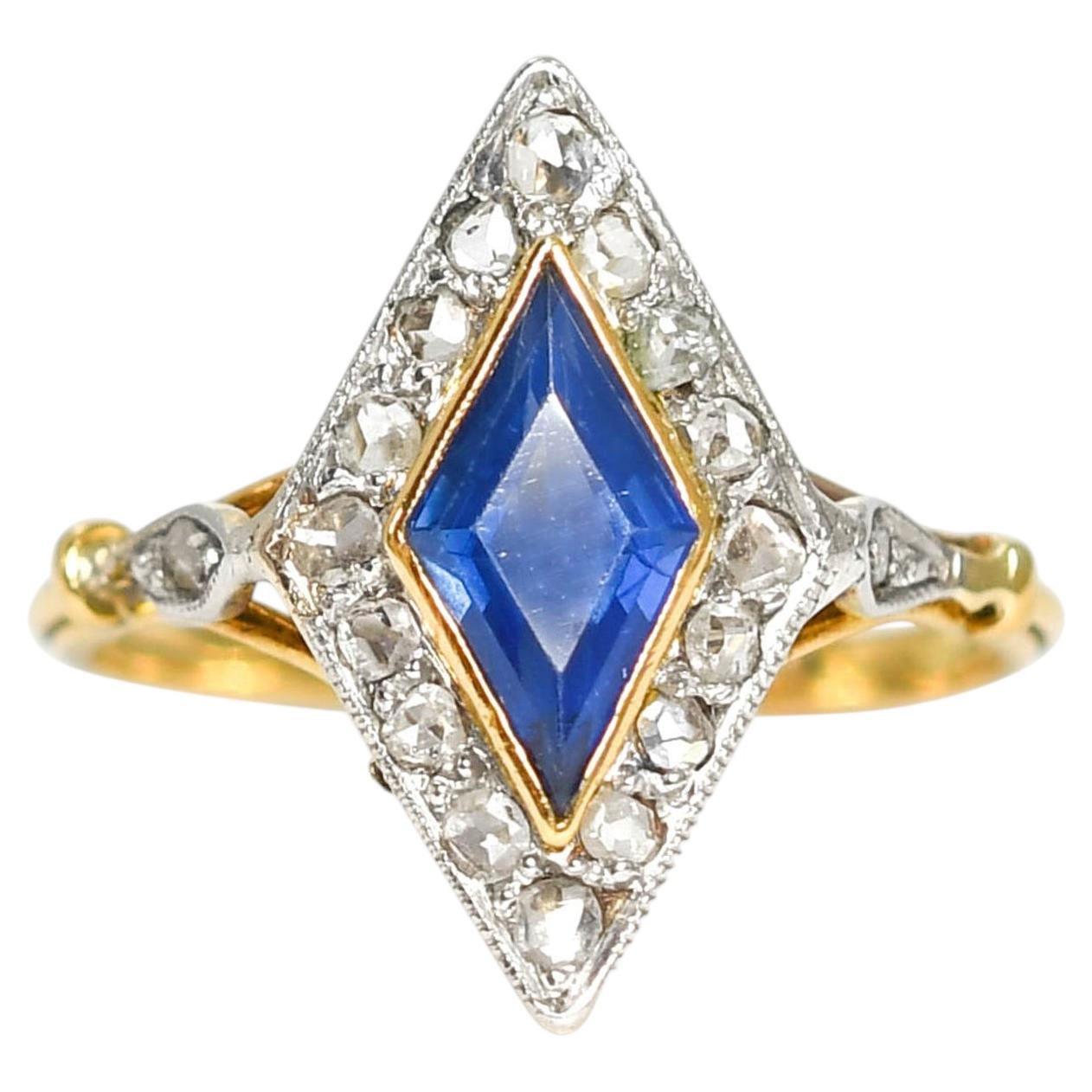 Edwardian 18k Gold 1.1ct Sapphire & Rose Cut Diamond Cluster Ring, CIRCA 1910