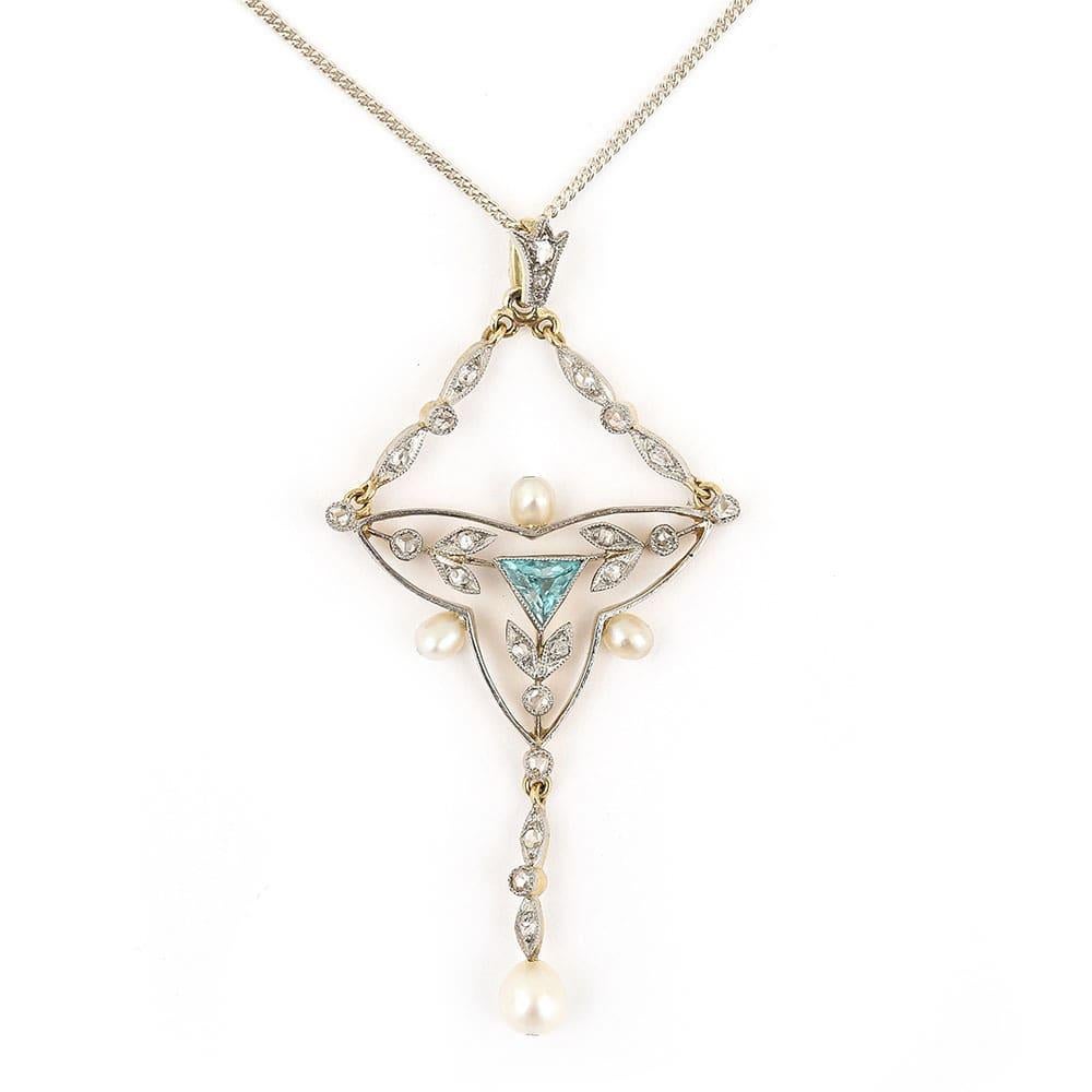 Trapezoid Cut Edwardian 18k Gold and Platinum Aquamarine Diamond Pearl Pendant, Circa 1910