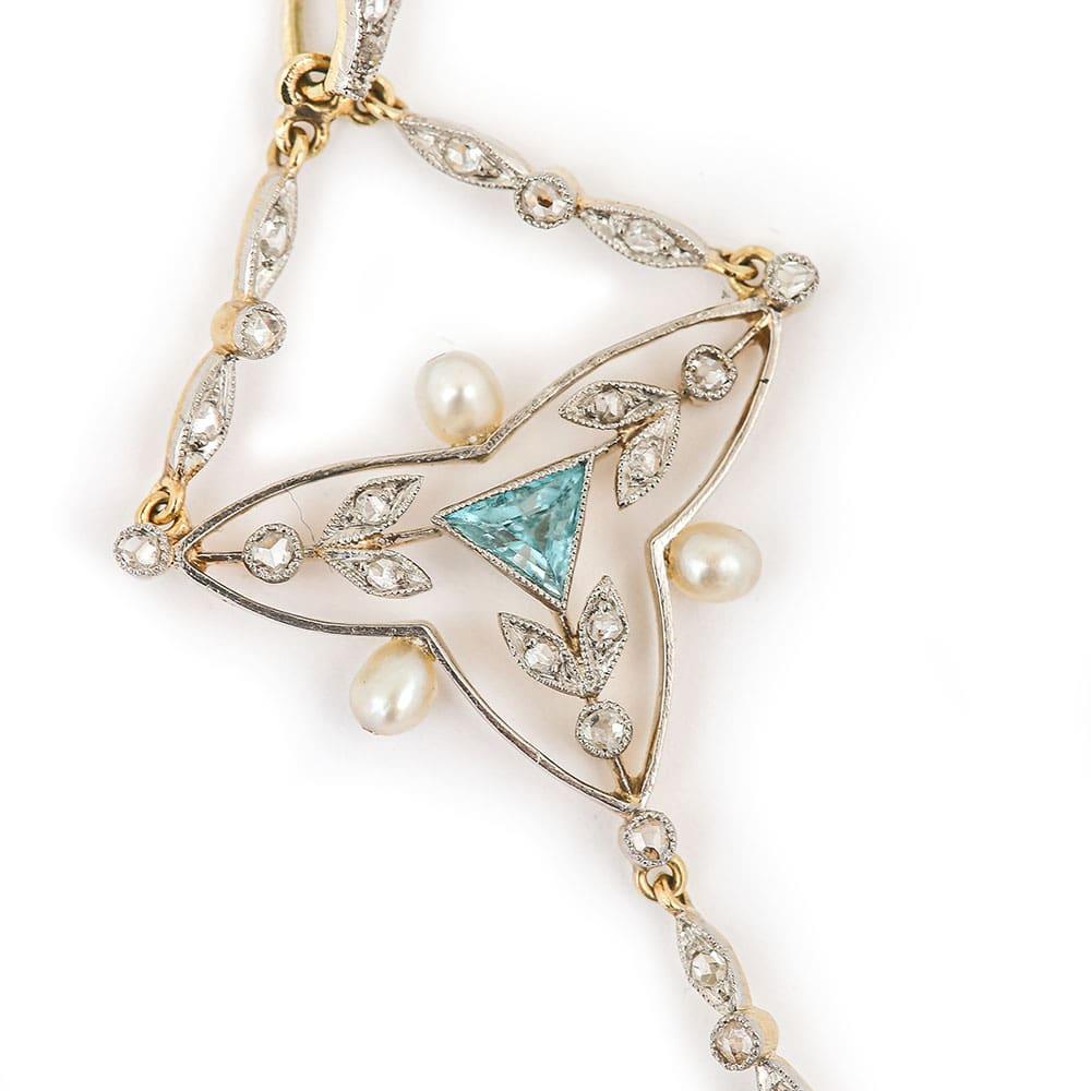 Edwardian 18k Gold and Platinum Aquamarine Diamond Pearl Pendant, Circa 1910 In Good Condition In Lancashire, Oldham