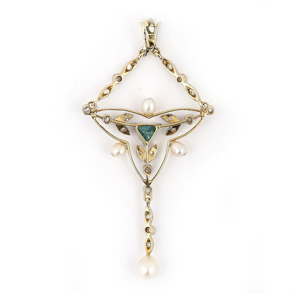 Edwardian 18k Gold and Platinum Aquamarine Diamond Pearl Pendant, Circa 1910 1