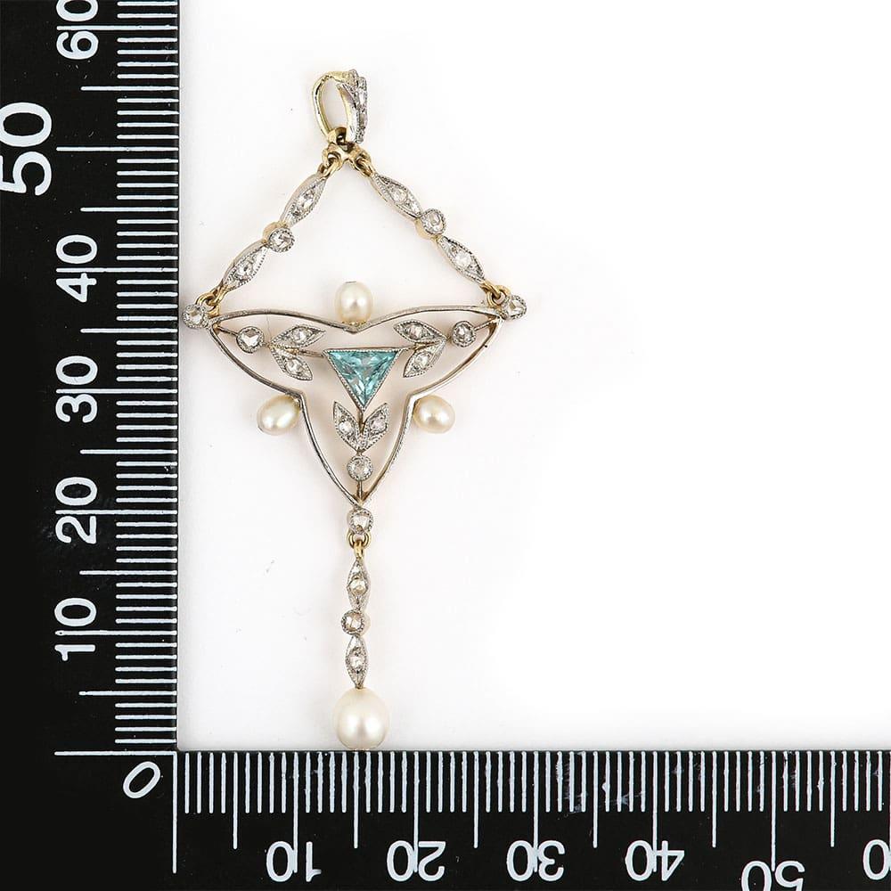 Edwardian 18k Gold and Platinum Aquamarine Diamond Pearl Pendant, Circa 1910 2