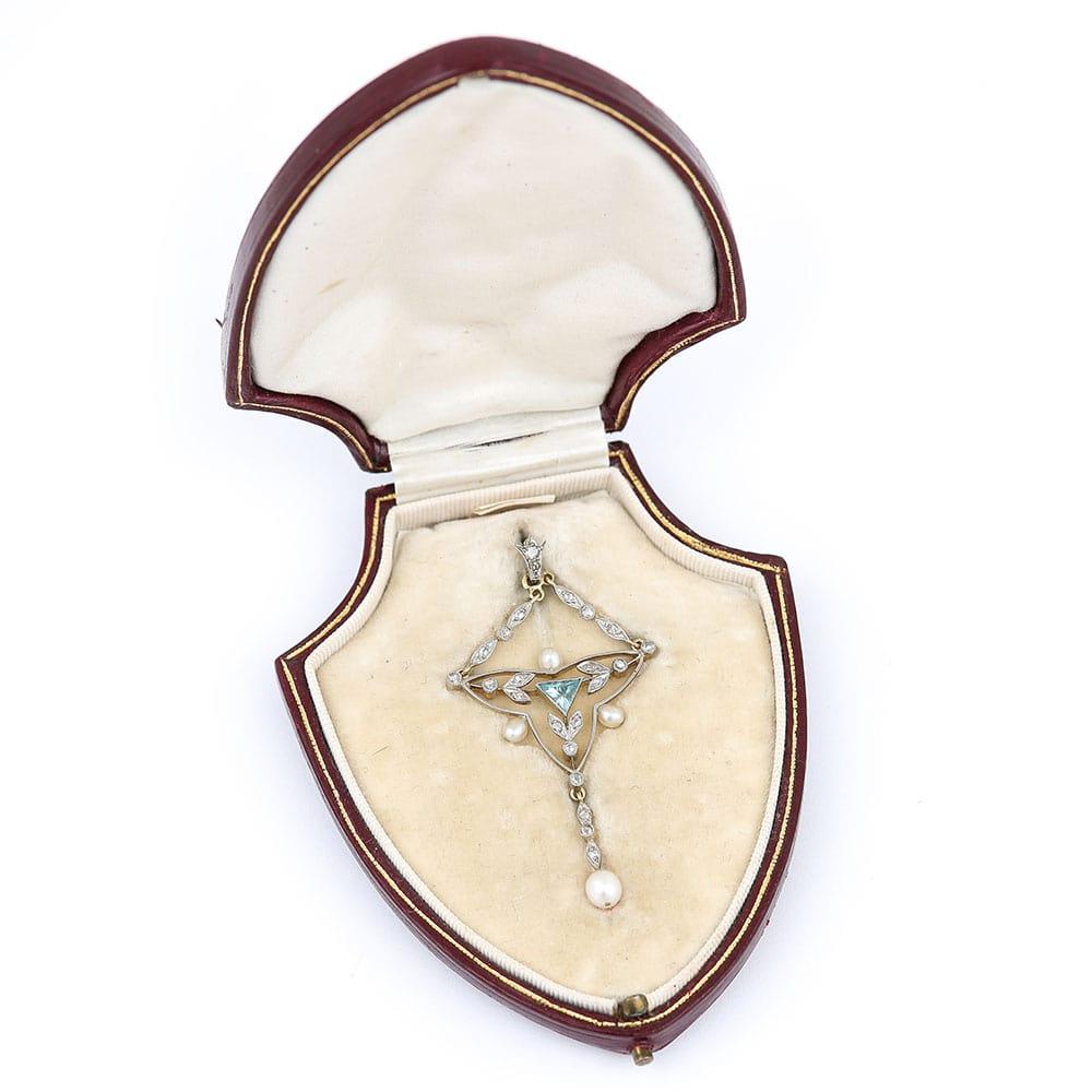 Edwardian 18k Gold and Platinum Aquamarine Diamond Pearl Pendant, Circa 1910 3