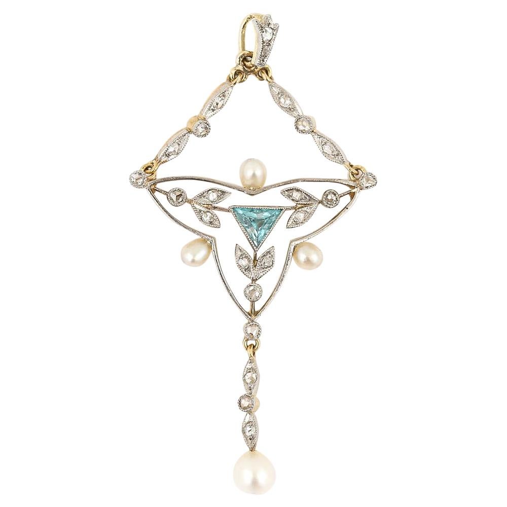 Edwardian 18k Gold and Platinum Aquamarine Diamond Pearl Pendant, Circa 1910