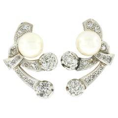 Edwardian 18k Gold and Platinum Pearl 2.00ctw Diamond Ribbon Drop Earrings