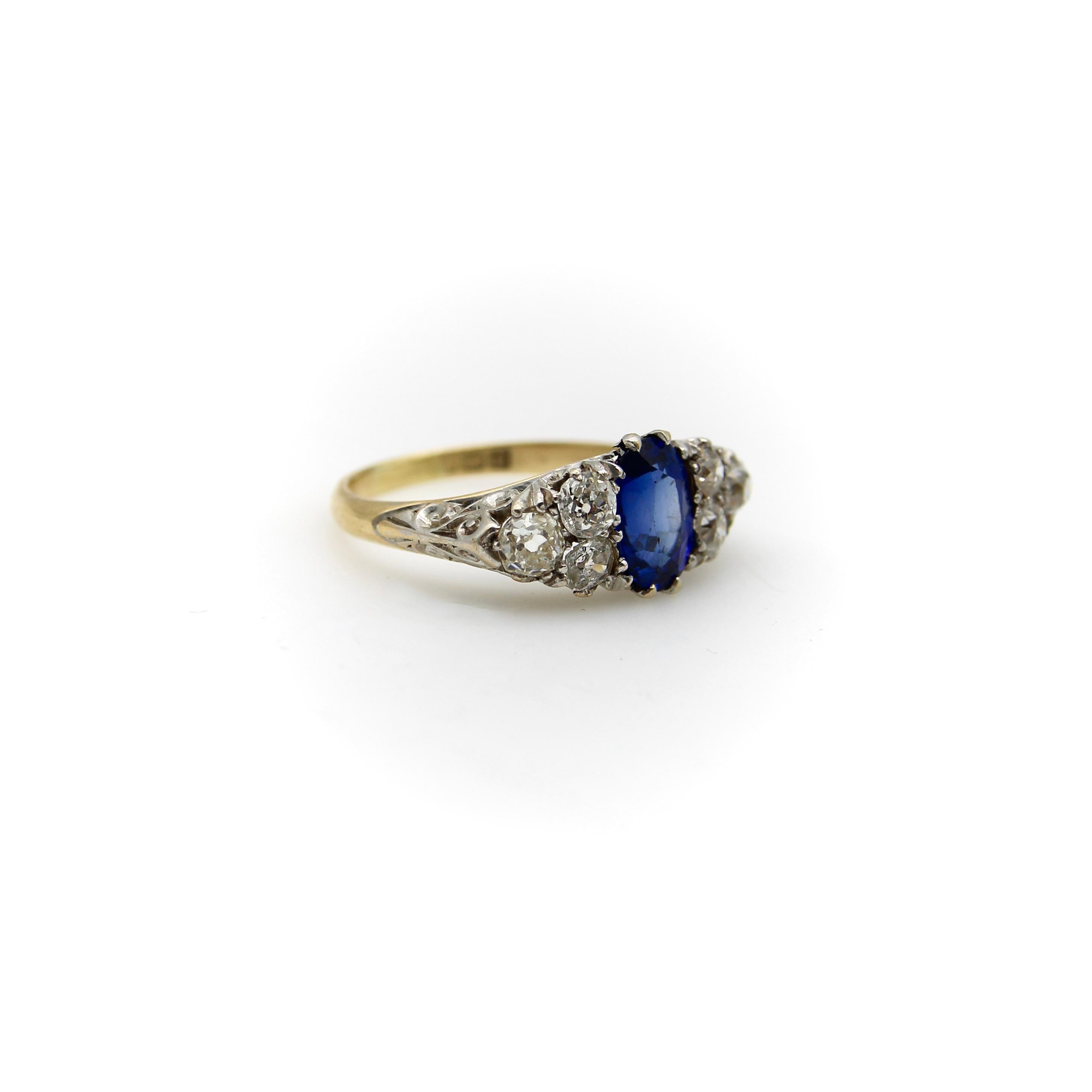 Old European Cut Edwardian 18K Gold and Platinum Sapphire and Diamond Ring  For Sale