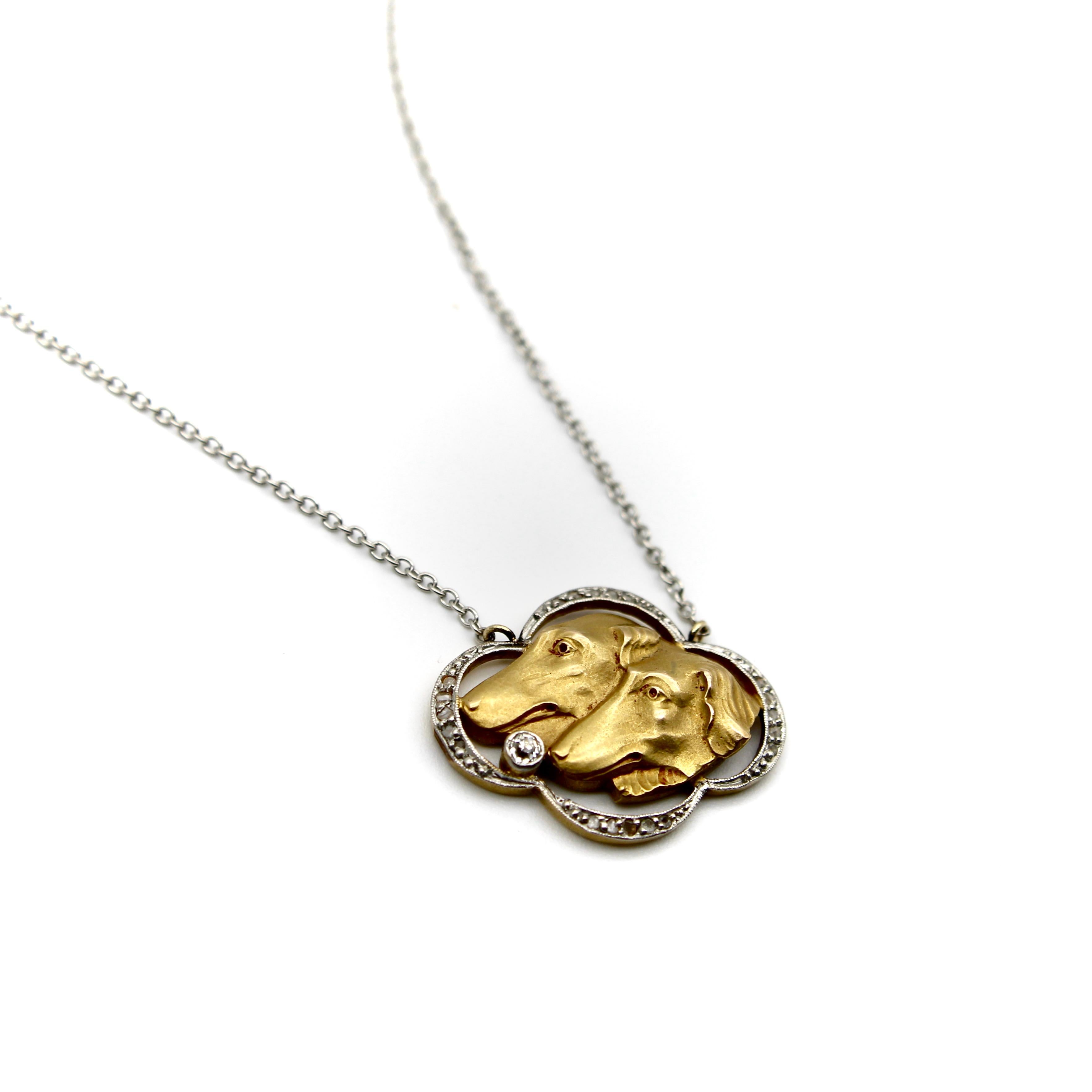 Old Mine Cut Edwardian 18K Gold and Platinum Wolfhound Necklace with Diamonds For Sale