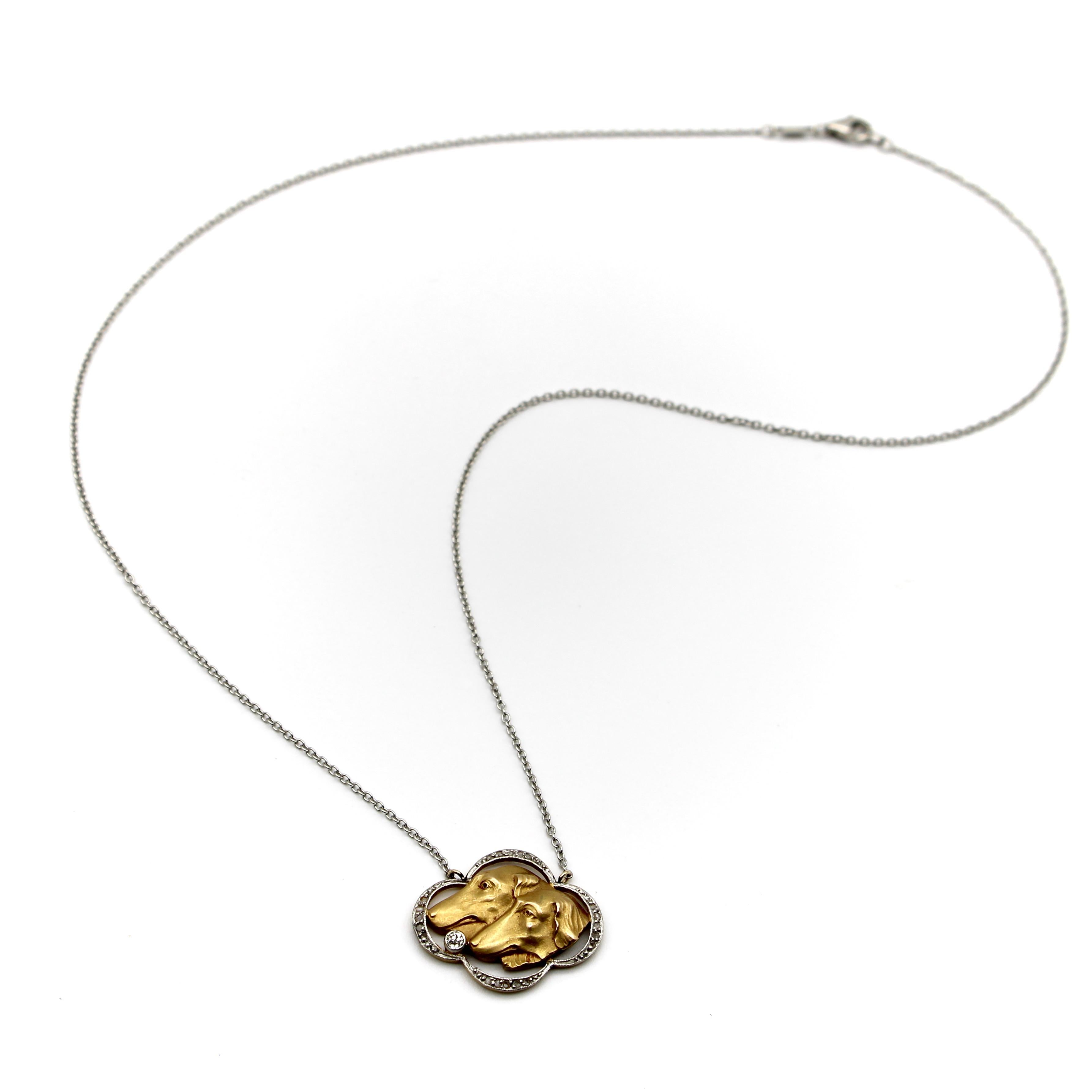 18 Karat Gold und Platin Wolfhound-Halskette mit Diamanten im Edwardianischen Stil im Zustand „Gut“ im Angebot in Venice, CA
