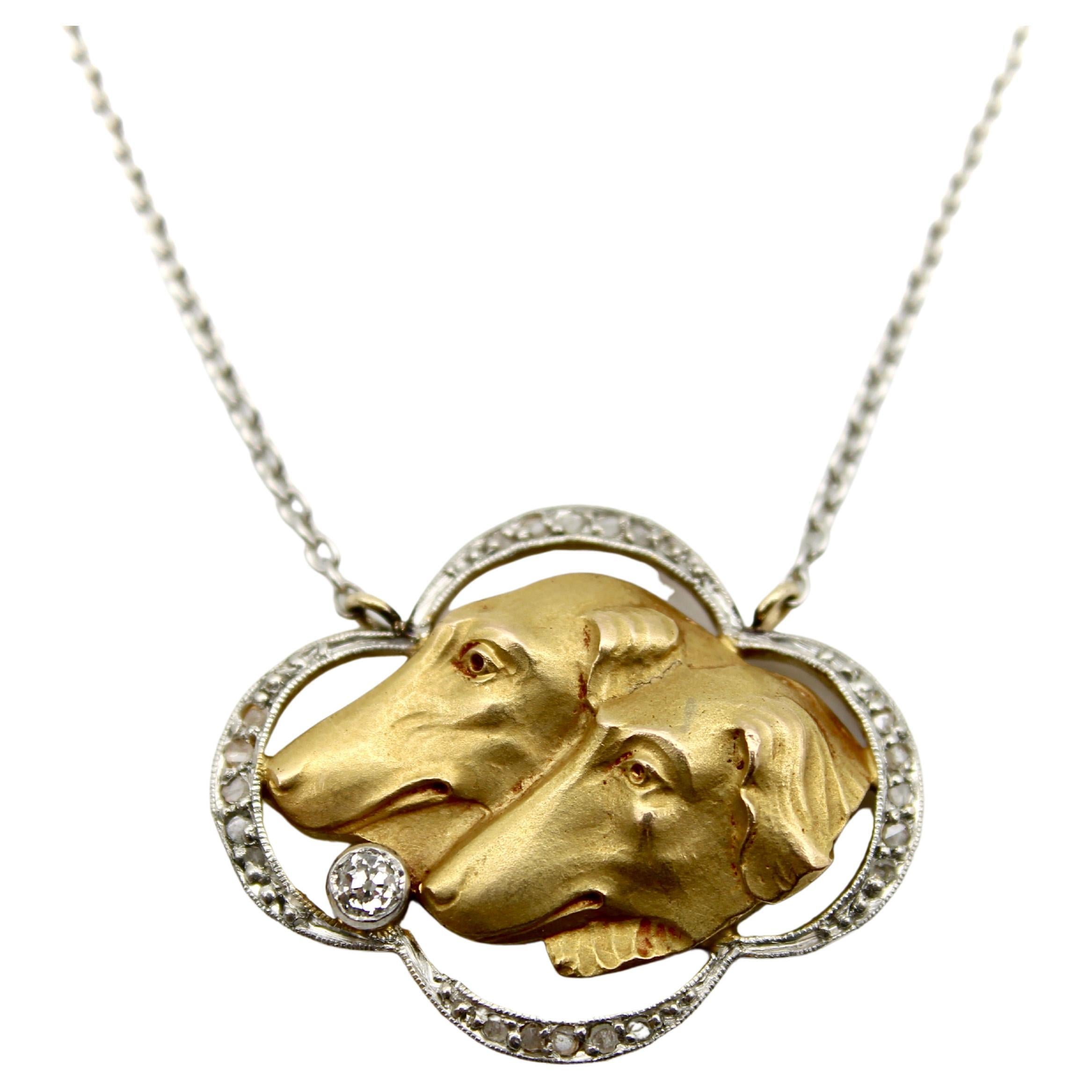 Edwardian 18K Gold and Platinum Wolfhound Necklace with Diamonds