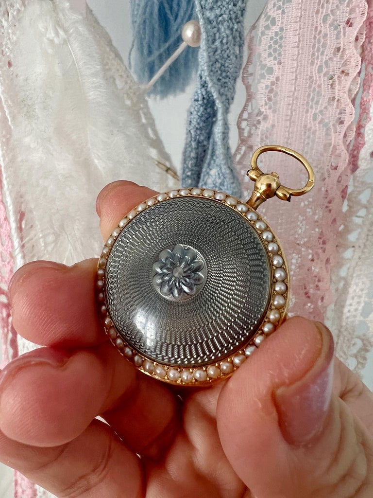 Women's or Men's Edwardian 18k Gold Enamel Pearl Pocket Watch Pendant For Sale
