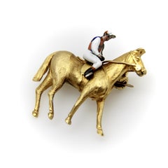 Edwardian 18k Gold Equestrian Jockey and Horse Enameled Brooch