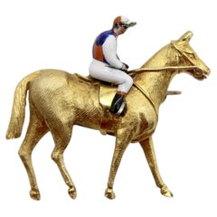 Edwardian 18k Gold Equestrian Jockey and Horse Enameled Brooch