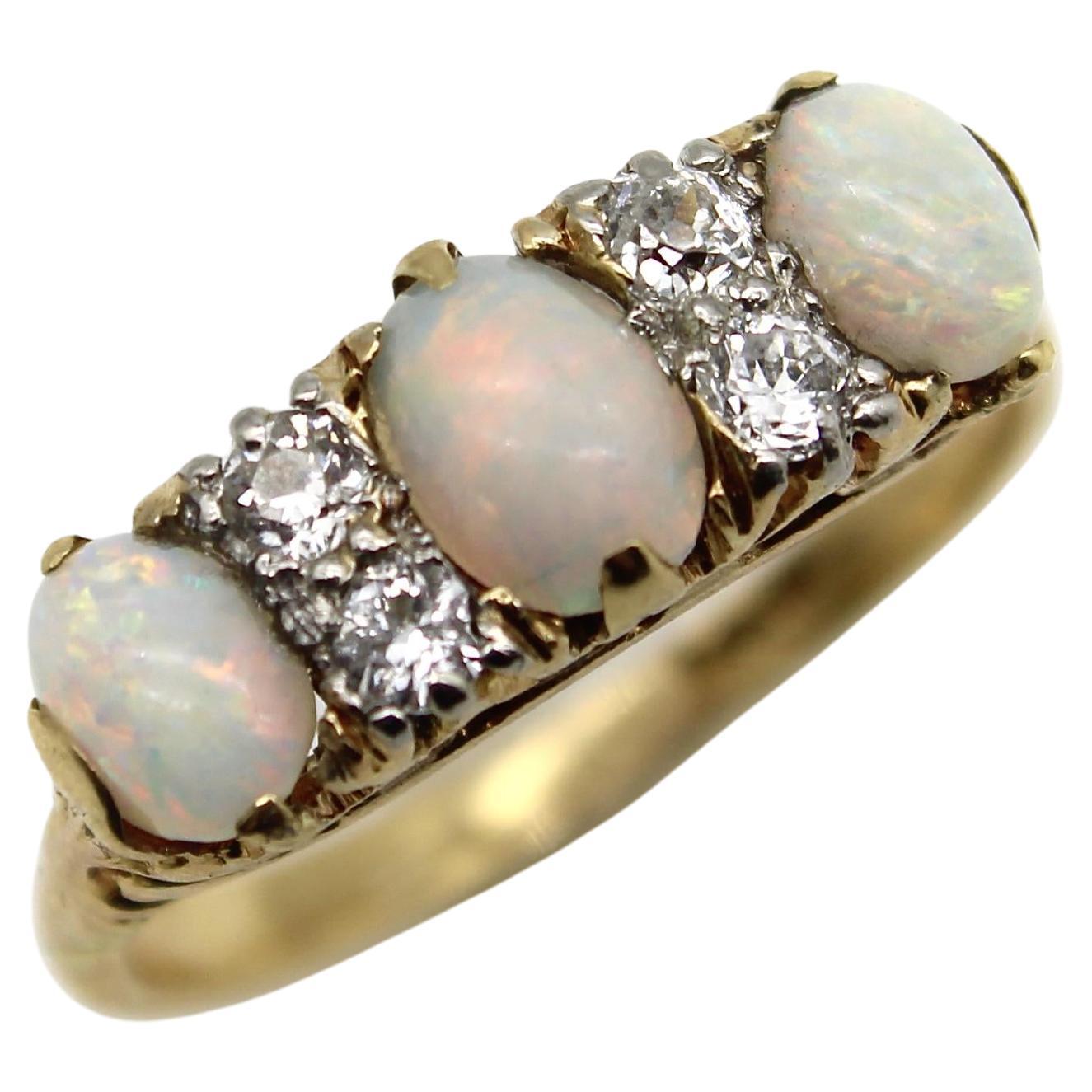 Edwardian 18K Gold Opal and Diamond Three-Stone Ring