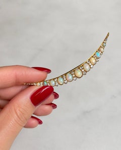 Antique Moon Crescent Brooch Large 18K Gold Opal Diamond Brooch, circa 1900