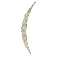 Antique Moon Crescent Brooch Large 18K Gold Opal Diamond Brooch, circa 1900