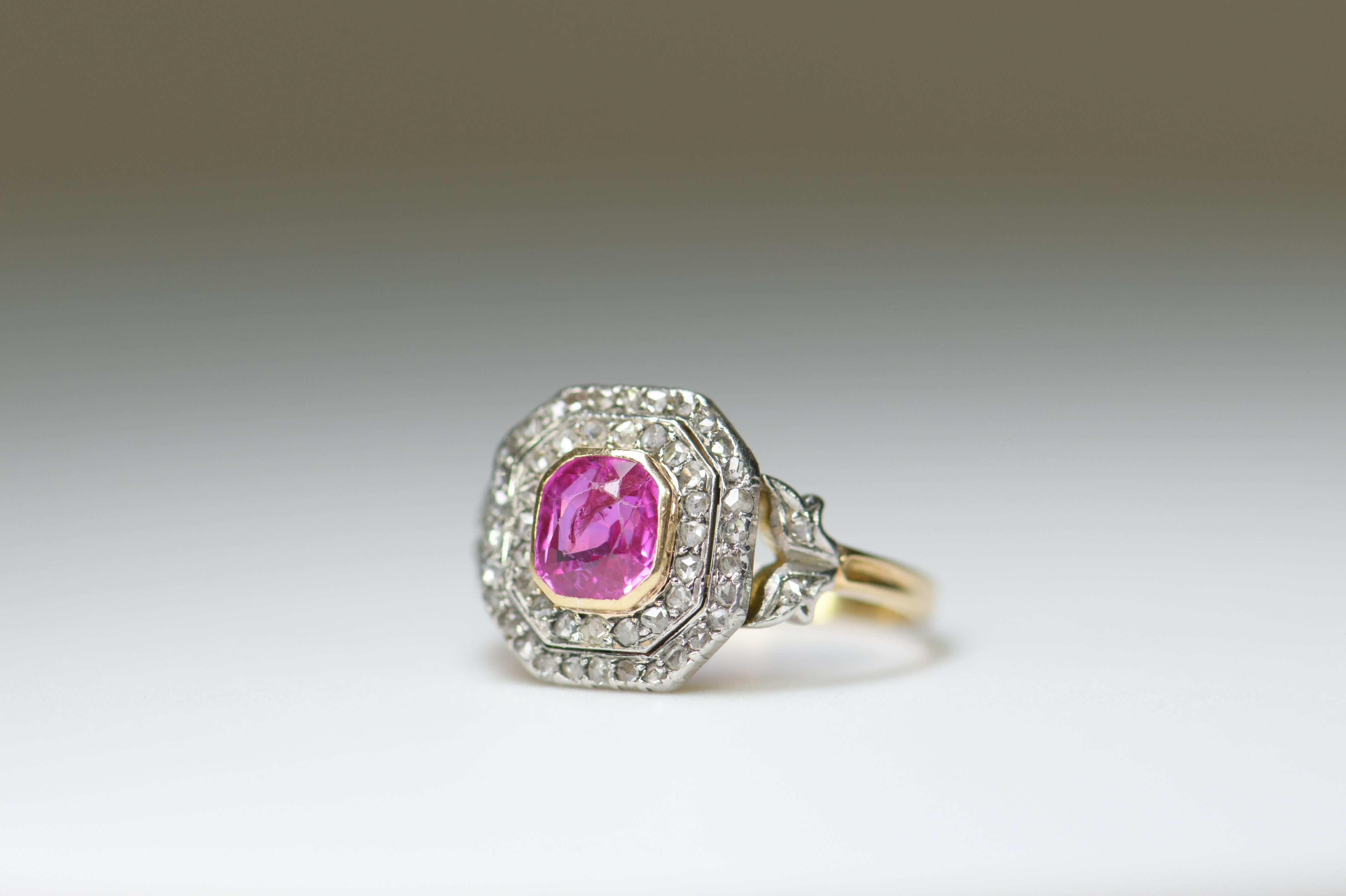 Rose Cut Edwardian 18 Karat Gold and Platinum Pink Sapphire Rose Diamond Cluster Ring