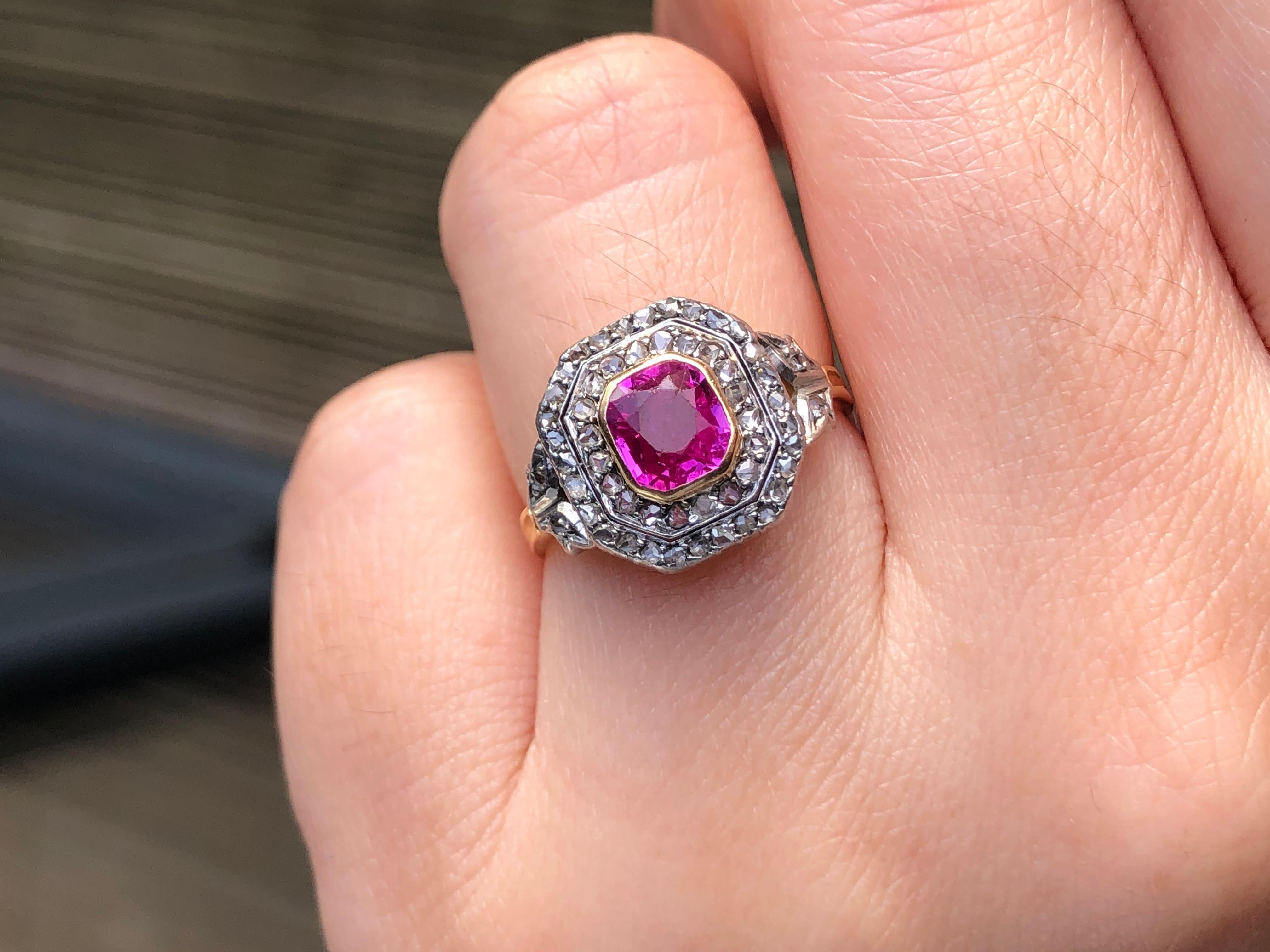 Women's Edwardian 18 Karat Gold and Platinum Pink Sapphire Rose Diamond Cluster Ring