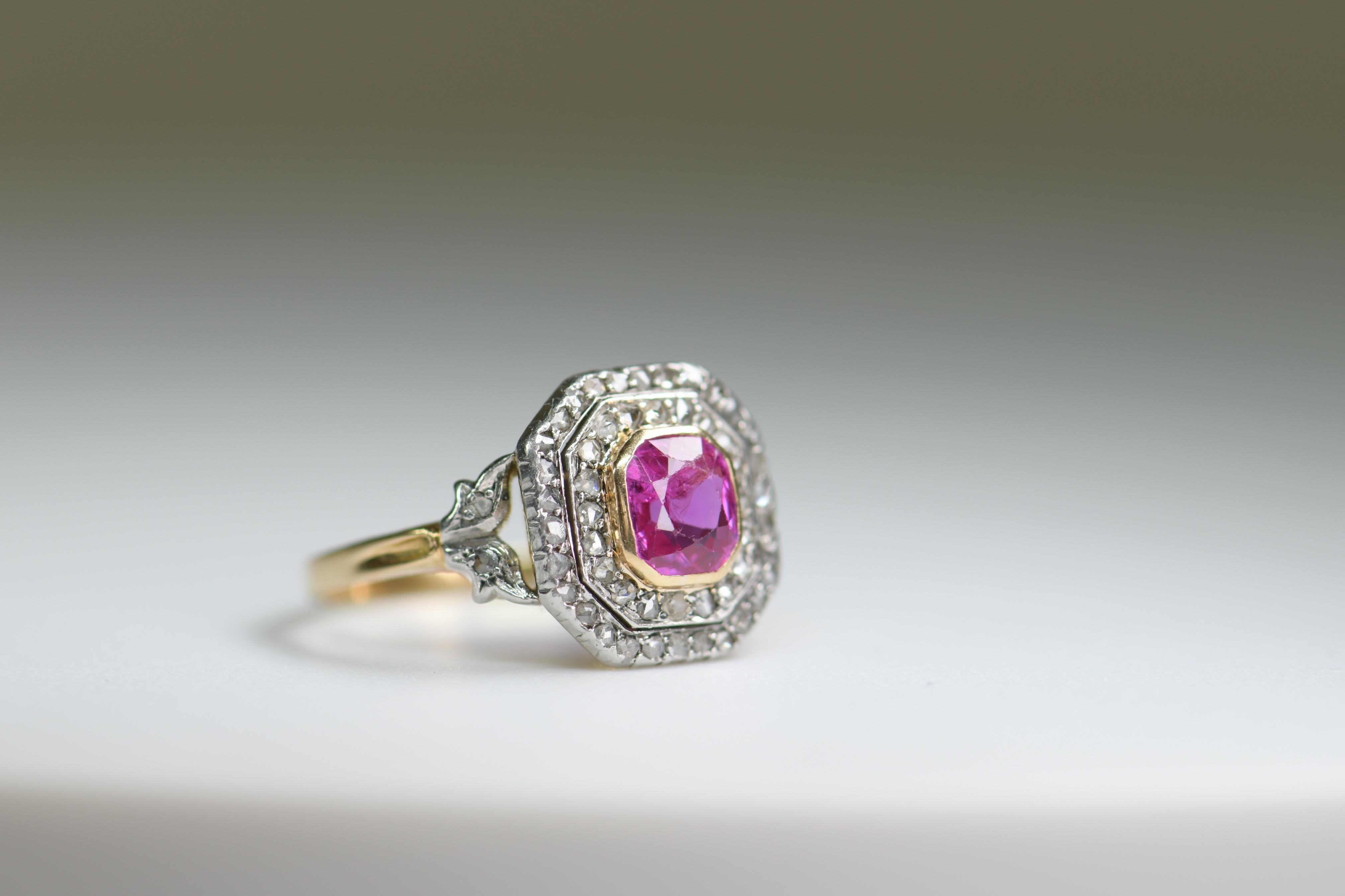 Edwardian 18 Karat Gold and Platinum Pink Sapphire Rose Diamond Cluster Ring 3