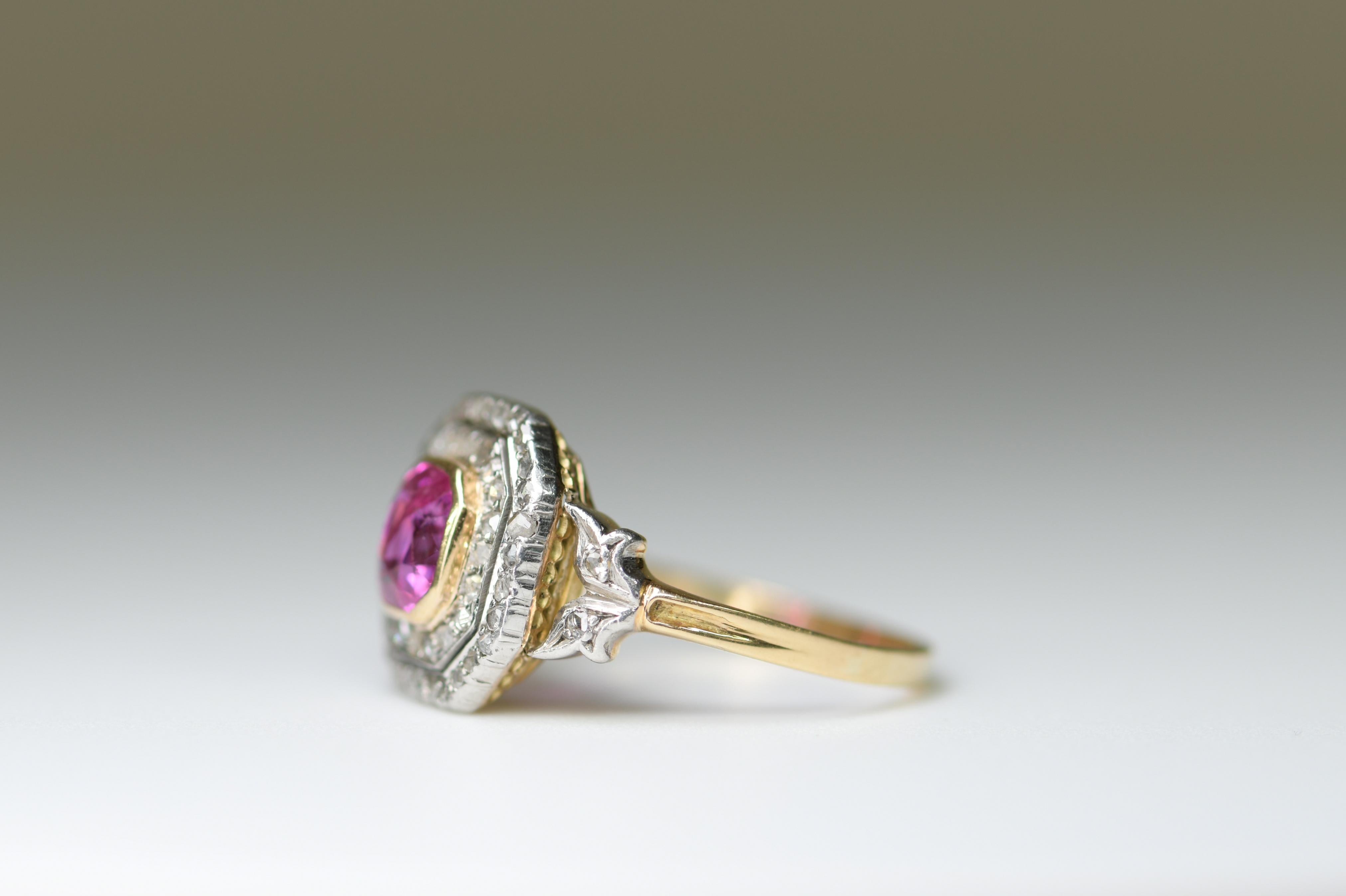 Edwardian 18 Karat Gold and Platinum Pink Sapphire Rose Diamond Cluster Ring 4