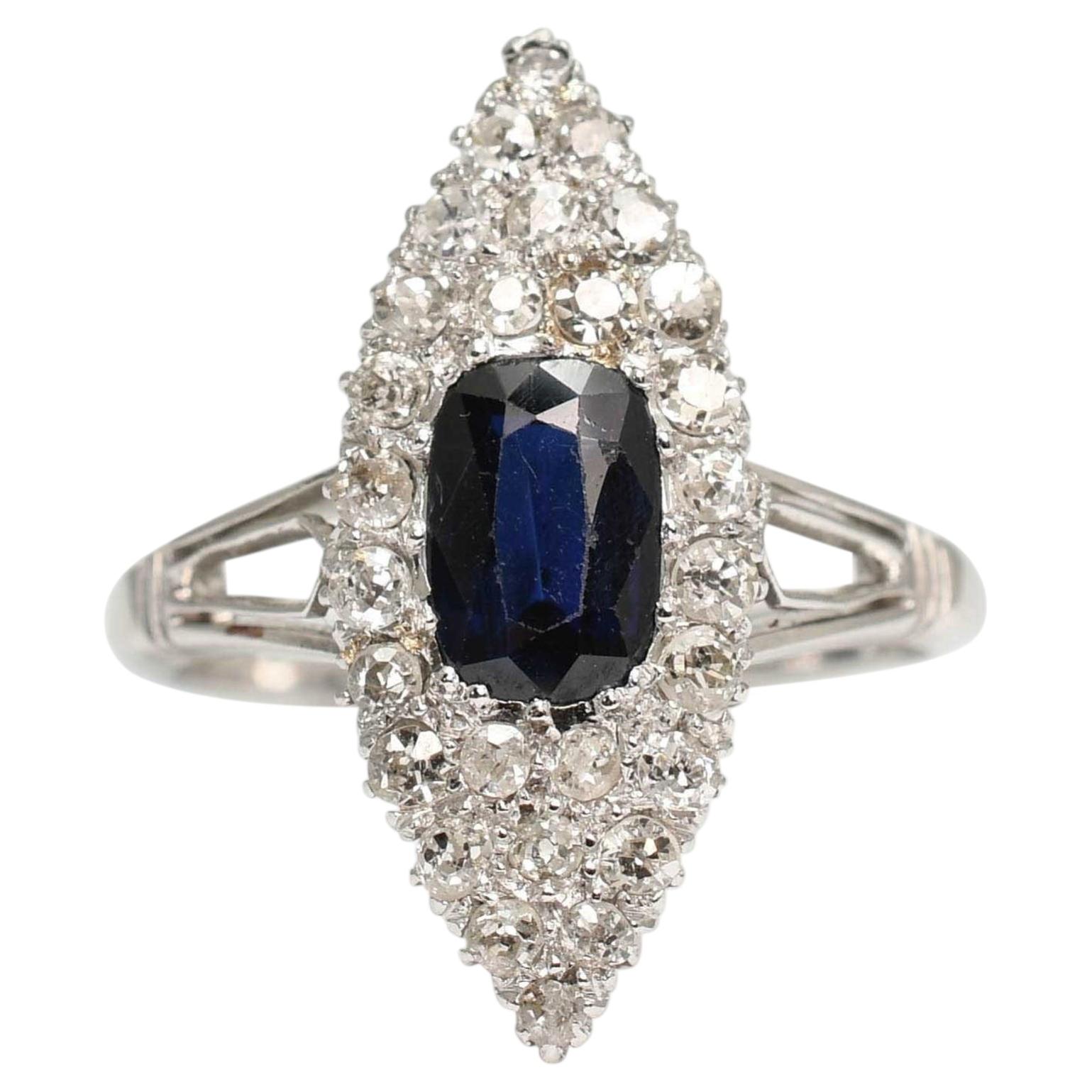 Edwardian 18k Gold Sapphire & Diamond Navette Cluster Ring, Circa 1915 For Sale