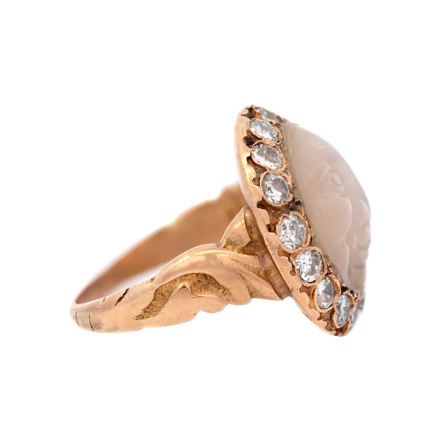 Old Mine Cut Edwardian 18k Moonstone and Diamond Man In The Moon Ring