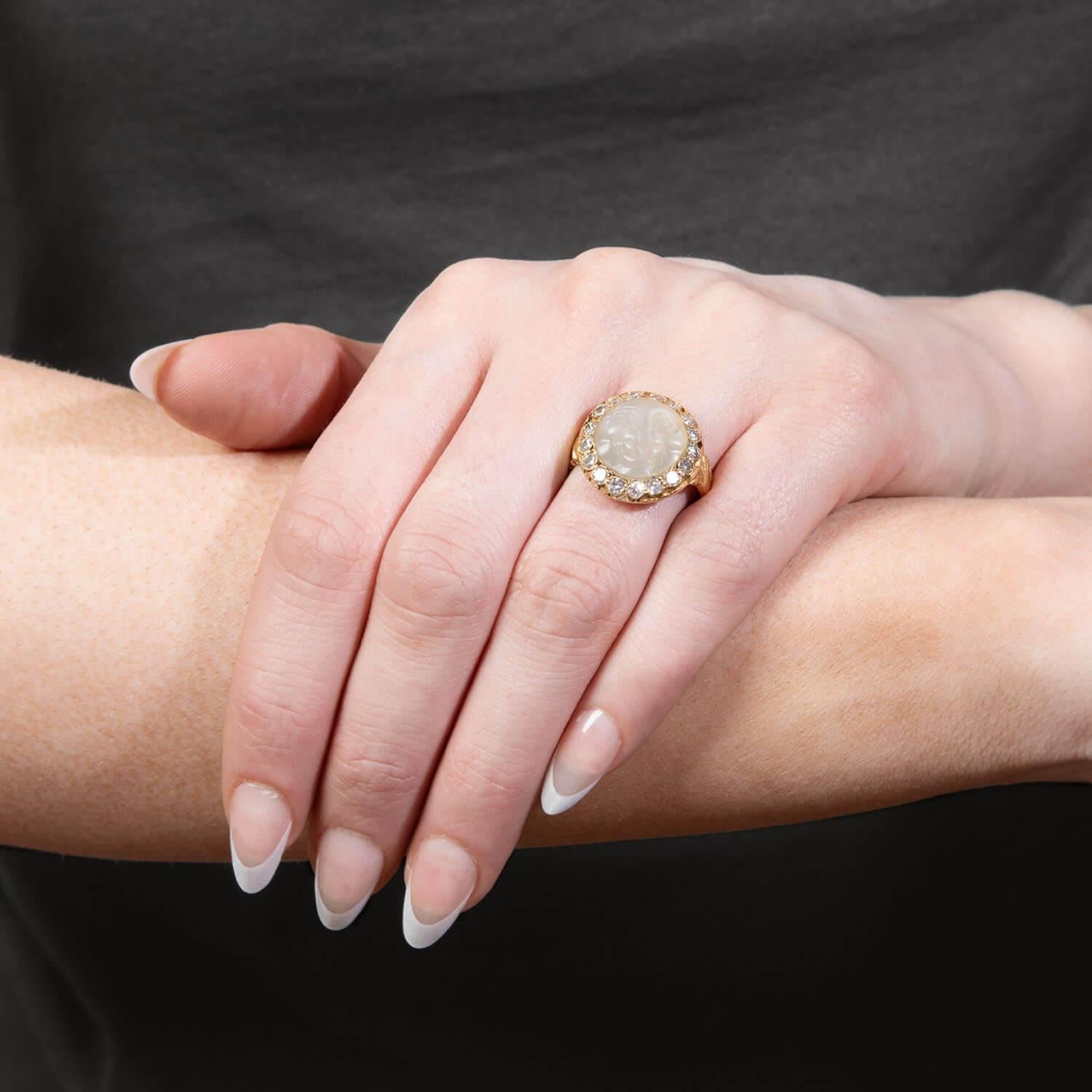 Edwardian 18k Moonstone and Diamond Man In The Moon Ring 1