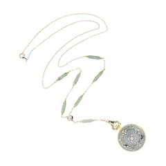 Edwardian 18k/Platinum Blue Enameled Pocket Watch and Lorgnette Chain