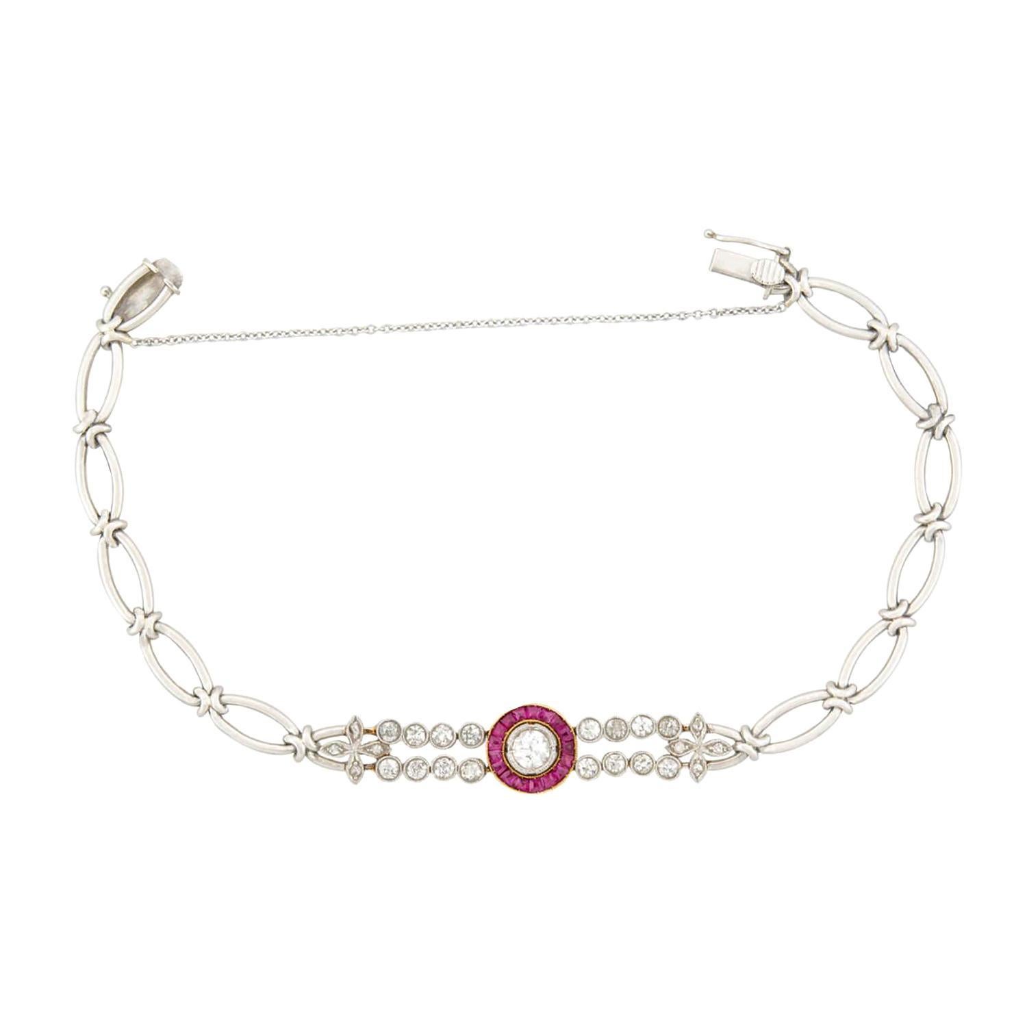Edwardian 18k/Platinum Diamond and Ruby Halo Bracelet In Good Condition For Sale In Narberth, PA