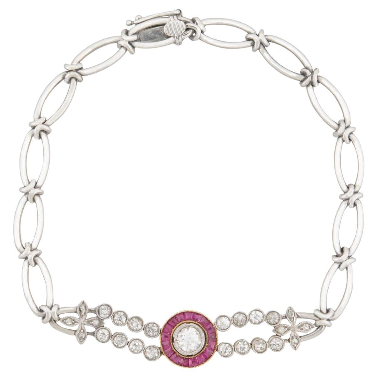 Edwardian 18k/Platinum Diamond and Ruby Halo Bracelet For Sale