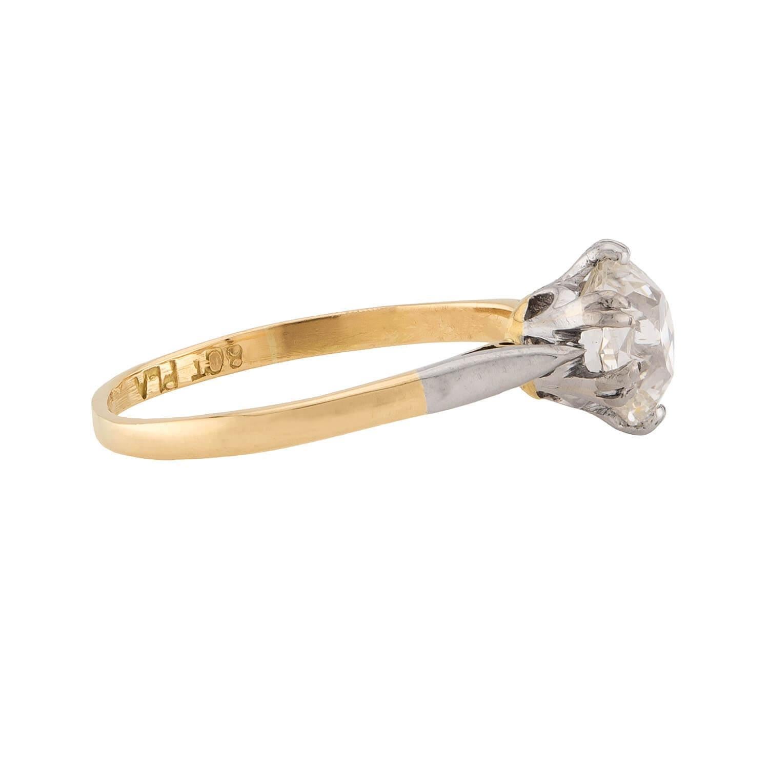 Edoardiano Anello di fidanzamento con diamante edoardiano in platino e 18k 1,30ct in vendita